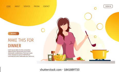 Woman preparing food in the kitchen. Pan with soup on the stove. Food blog, cooking, recipe, dinner, homemade food concept. Vector illustration for website, poster, banner.