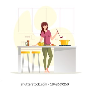 Woman preparing food in the kitchen. Pan with soup on the stove. Food blog, cooking, recipe, dinner, homemade food concept. Isolated vector illustration for poster, banner.