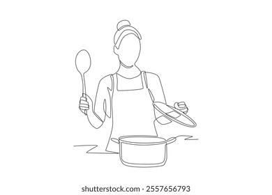 Woman preparing food. Preparing meals concept one-line drawing