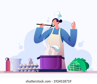 Woman preparing healthy food illustration vector, cooking  concept