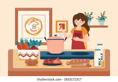 Woman are Preparing Ingredients For Soup in Kitchen at Home, vector, Illustration,