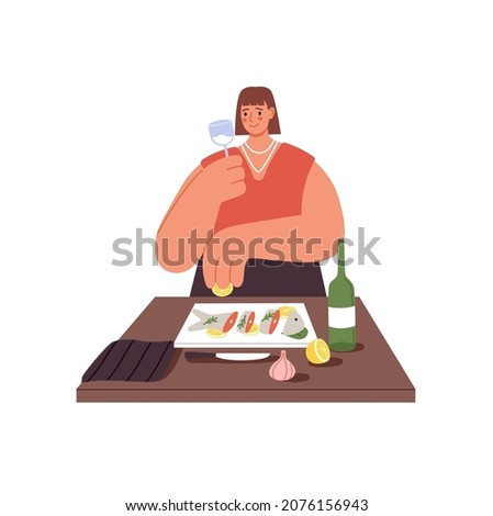 Woman preparing meal, cooking red fish with lemon. Person cook food for festive dinner, drinking glass of wine. Happy female at kitchen table. Flat vector illustration isolated on white background