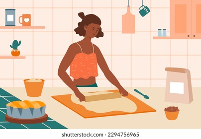 Mujer preparando pastelería. Jovencita con alfileres rollos la masa en la cocina. Preparando dulces caseros y productos de panadería. Muffins de cocina de personajes o pastel. Dibujo vectorial plano de dibujos animados