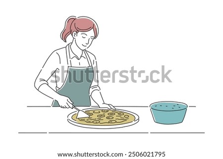 
Woman is preparing pizza doodle continuous line art vector illustration on white background