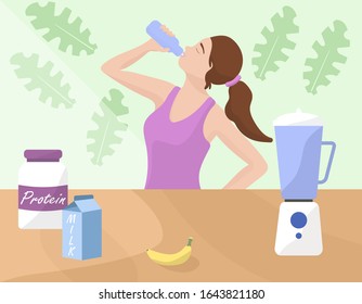 Woman Preparing Protein Cocktail Of Bodybuilding Food Supplements. Woman Making Protein Shake Using Blender.