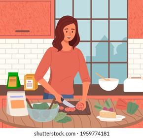 Woman preparing salad using vegetarian ingredients in kitchen. Proper nutrition, healthy lifestyle and vegetarianism concept. Process of cooking vegetarian food. Girl cuts vegetables for healthy dish