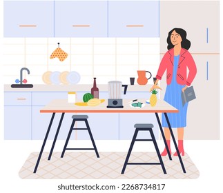 Woman preparing salad using vegetarian ingredients standing at table in kitchen room. Proper nutrition, healthy lifestyle and vegetarianism concept. Process of cooking vegetarian food, healthy dish