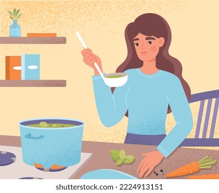 Woman preparing soup. Young girl in kitchen with ladle near pan. Healthy eating and vegetarian diet, proper nutrition. Vegetables and natural and organic products. Cartoon flat vector illustration