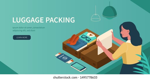 Woman preparing for travel and packing luggage. Girl character ready for vacation. Open travelers bag with clothes, accessories, passport. Space organization concept. Flat vector illustration.