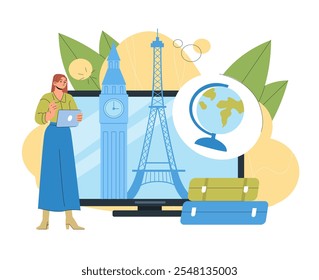 Woman preparing for travel. Young girl near computer with big ban and eiffel tower. Traveler and tourist with luggage. Flight and trip. Flat vector illustration isolated on white background