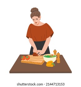 Woman preparing vegetable salad on the kitchen table. Hand drawn vector illustration. Isolated on white background.