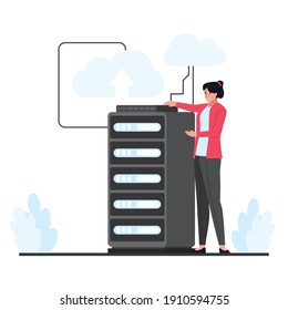 Woman present big cloud hosting in server. Flat cloud hosting illustration.