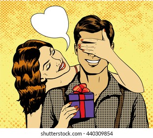 Woman present gift to man. Heart shape speech bubble. Vector illustration in retro comic pop art style. Beautiful girl with christmas or birthday gift.