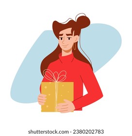 Woman with present. Holiday greetings and surprise or birthday party concept. Vector Illustration in flat style.
