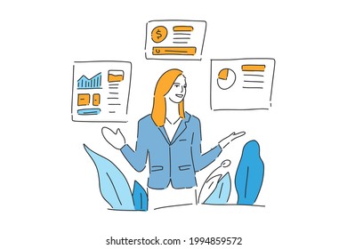 woman presentation business with icons drawn illustration