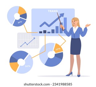 Woman with presentation concept. Infographics and data visualization. Graphs and diagrams, statistics. Analyst doing market research. Trader and investor. Cartoon flat vector illustration