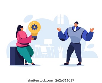 Woman presenting big lightbulb with gear to man symbolizing innovation, teamwork and strategic planning. Visual metaphors for corporate concepts. Creative collaboration. Cartoon vector illustration.