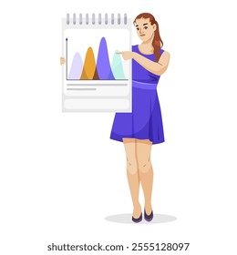 Woman presenting colorful graph on notepad. Vector illustration