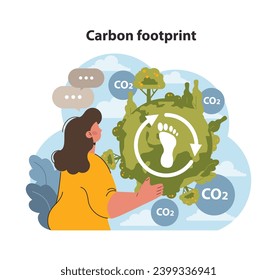 Woman presenting the concept of carbon footprint surrounded by CO2 symbols and green nature. Emphasizing environmental responsibility. Flat vector illustration.