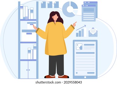 Mujer presentando datos e ilustraciones de finanzas gráficas