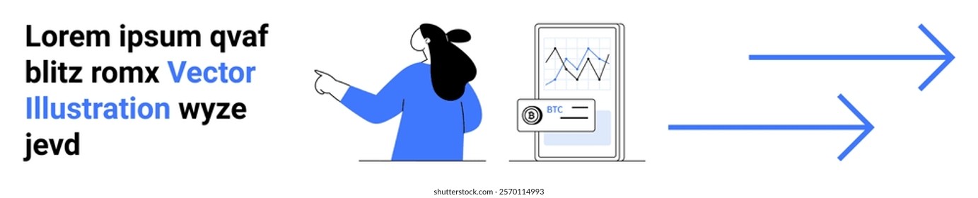 Woman presenting data graph on mobile screen with arrows pointing right. Ideal for business, data analysis, technology, progress, and presentation. Banner for landing page