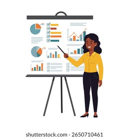 Woman presenting data on a large whiteboard with various charts and graphs.