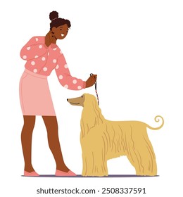 Mulher Apresentando Um Cão Em Uma Exposição De Animais De Estimação. A Personagem Feminina Segurando A Coleira Do Cão, Demonstrando Cuidado, Companheira E Trabalho Em Equipe, Parece Feliz E Engajada No Evento. Ilustração de vetor de desenhos animados