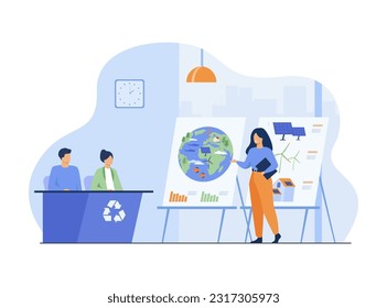 Woman presenting eco-friendly technology vector illustration. Project of saving planet with solar power panels and wind turbines as alternative energy sources. Climate change, ecology concept