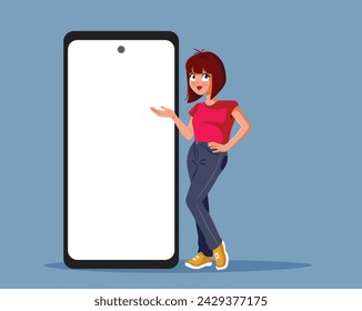 
Woman Presenting an Empty Display of an oversized. Smartphone vector Illustration
Pretty promoter girl showcasing a mobile display
