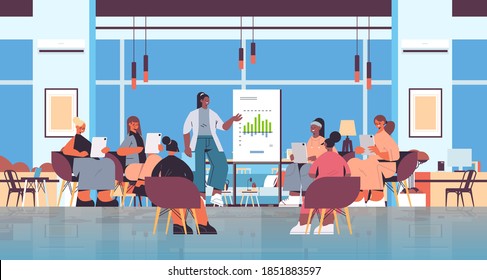 woman presenting graph to mix race female friends during meeting in women's club girls supporting each other modern office studio interior horizontal full length vector illustration