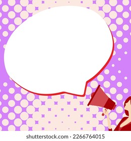 Woman Presenting Important Information with megaphone. Girl holding amplifier. Device in hand. Big White Speech Bubble with text on bright colored background.