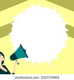 Woman Presenting Important Information with megaphone. Girl holding amplifier. Device in hand. Big White Speech Bubble with text on bright colored background.