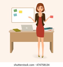 Woman presenting in job. Working woman character vector.
