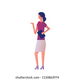 Woman presenting. Making a gesture to the side of the place for the object, the element. Presenting something. Vector illustration flat design. Cartoon style. Isolated on white background.