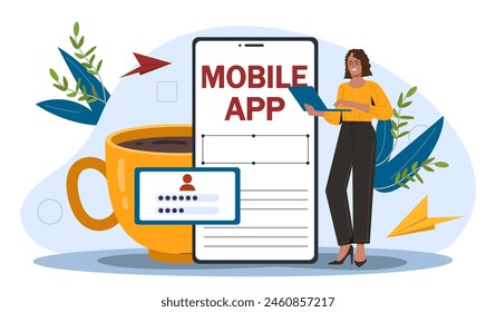 A woman presenting a mobile app concept beside a giant smartphone and a coffee cup, with graphical details and plants, on a light background. Flat vector illustration