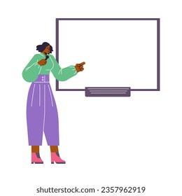 Mujer presentando pose, explicando en micrófono y señalando en la pantalla del proyector. Consejero de negocios, entrenador en seminario, informe corporativo, profesor. Personaje de dibujos animados de ilustraciones de vectores