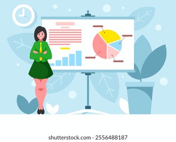 Woman presenting a project. Businesswoman stands with arms crossed on chest. Standing confident woman in a suit and tie. Background with Presentation flipchart board. Charts and graphs for business