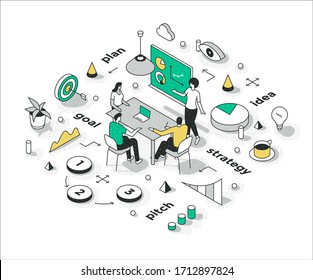 Woman presenting sales strategy to audience. Business startup and marketing outline isometric illustration