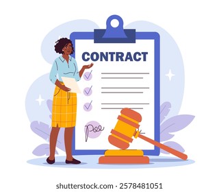 Woman presenting signed contract with clipboard, checklist, and gavel on a white background. Legal and business agreement concept. Vector illustration