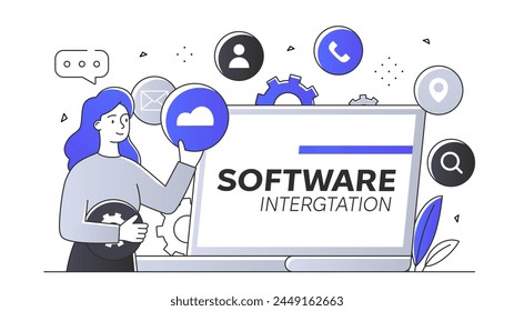 Frau präsentiert Software-Integrationskonzept mit Icons, Symbolen und einem Monitor, auf weißem Hintergrund. Moderne Line Art Stil flache Vektorillustration