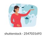 Woman presenting weather forecast points with hand at map with symbols of climate and predicted precipitation. Weather forecast from positive girl announcing approach of cyclone or anticyclone