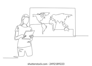 Woman presenting world map. World map concept one-line drawing