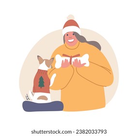 Woman Presents A Festive Christmas Gift Bone To Her Loyal And Beloved Dog, With Love And Anticipation, Vector