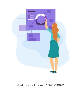 Woman Presents Project. Explore Chart. Analysis Graph. Woman Analyzes Information. Technology and Design. Workflow Optimization. Vector Illustration. Graph and Chart. Woman Look on Electronic Chart.