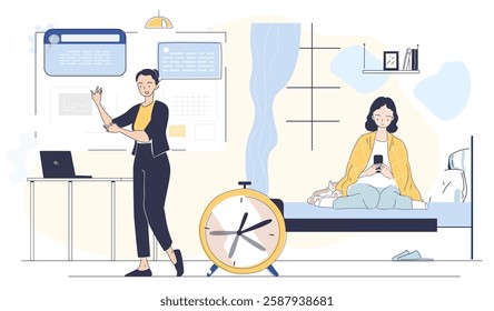 A woman presents in a workspace while another relaxes with a phone in bed, symbolizing work-life balance. Modern minimal flat style with soft colors. Vector illustration