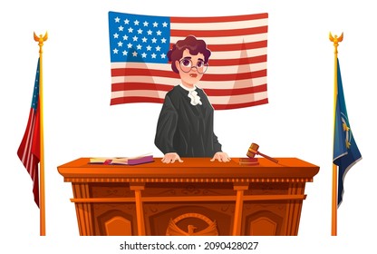 Presidenta de los Estados Unidos de América, político y personaje femenino jurando en una mesa de madera con martillo, Biblia abierta y Bandera de los Estados Unidos en la oficina de Oval, gobernante de un país, ilustración del vector de dibujos animados