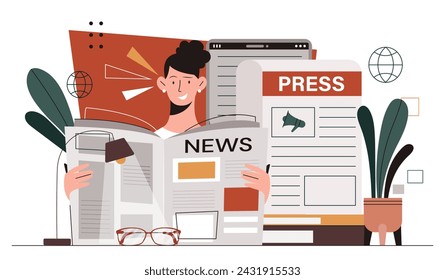 Woman with press concept. Young girl with newspaper. Information and knowledges. Character read articles on internet webpage. Cartoon flat vector illustration isolated on white background