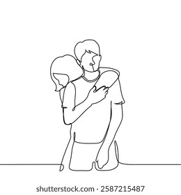 woman pressed against man's back hugging him with both hands - one line art vector. concept family ties, friends or siblings, love relationship. Handmade vector not AI