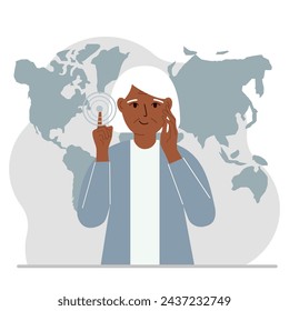 A woman presses his finger on a virtual map of the world. Future, cyber.