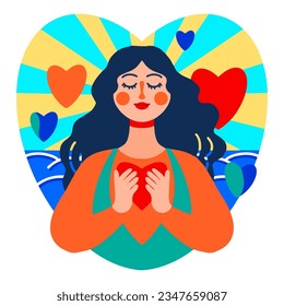 A woman presses a kind heart to her chest, feeling love for herself, bliss, harmony, positive emotions. Happy calm peaceful volunteer girl. Caring, humanity, self help and peace concept. vector illust